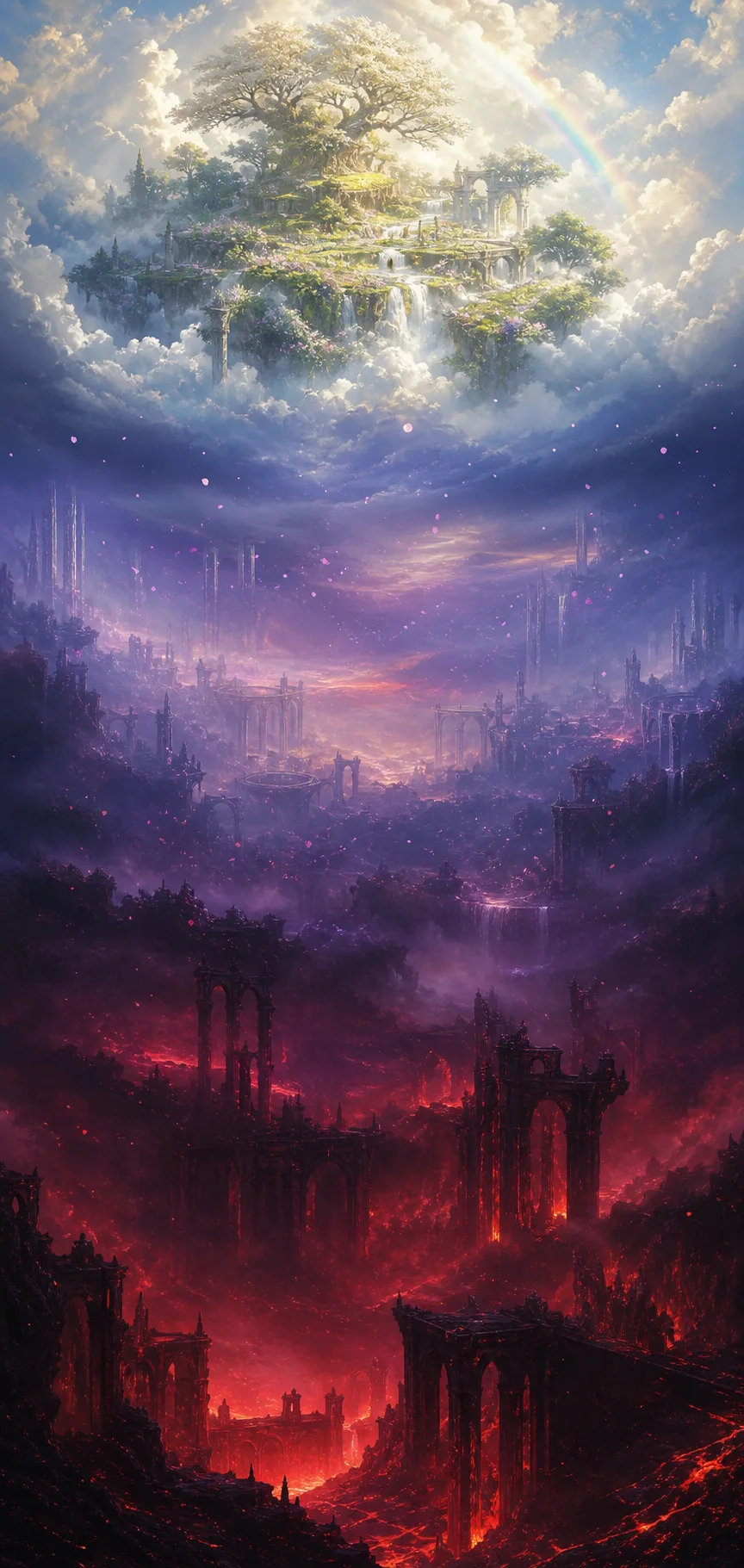 A flowering celestial garden descends through violet ruins into a crimson volcanic landscape.
