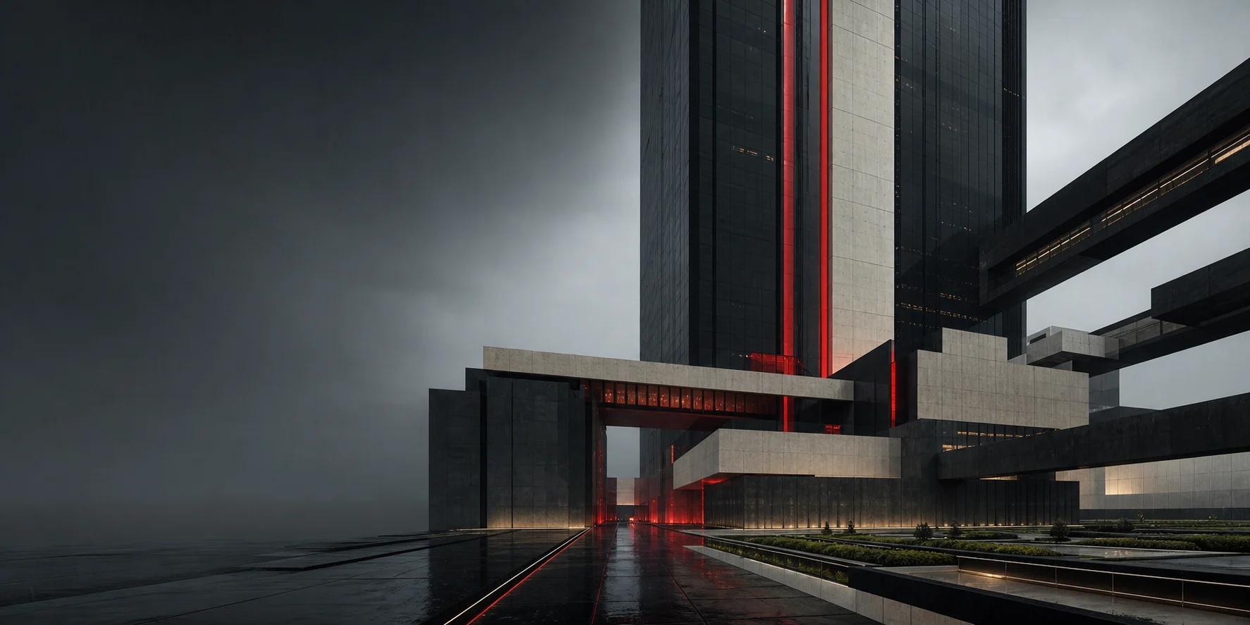 An empty monumental complex of black glass, ivory concrete, and precise red architectural light.